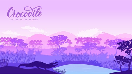 crocodile hunt for prey in the desert illustration. Silhouette of a wild animal in Australia background. Landscape of mountains in the wild designのイラスト素材