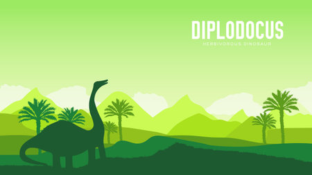 Earth BC landscape scene illustration. Before our era earth design. Dinosaur Diplodocus in its habitat background. Jungle prehistoric creature in natureのイラスト素材