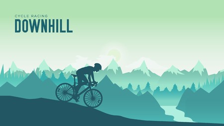 Silhouette yang man riding a mountain bike at sunset design. Cyclist Riding the Bike Down Rocky Hill at Sunsetのイラスト素材