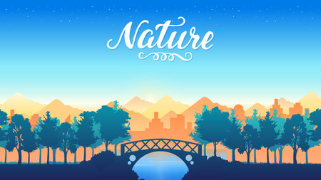 Silhouette bridge in the park through the lake ar sunset illustration. Beautiful panorama of city park at dawn designのイラスト素材