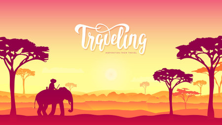 Silhouette African Elephants with man walking on nature at sunset design. Wild animal against the background of nature africa concept. wildlife reserveのイラスト素材