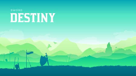 Silhouette historical battlefield at sunset design. Military silhouettes fighting scene on war landscape background. Medieval battle scattered arms and armor around the fieldのイラスト素材