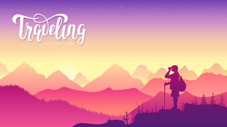Silhouette yang man stands on the mountain and looks away at sunset design. Man traveling with backpack hiking concept. Summer vacations outdoor alone into the wild illustrationのイラスト素材