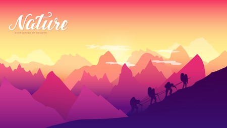 Silhouette group people hiking at mountain at sunset design. Mountaineers climbs to the top of a snow-capped mountain illustration. Sport lifestyle relax in natureのイラスト素材