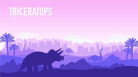 Earth BC landscape scene illustration. Before our era earth design. Dinosaur triceratop in its habitat background. Jungle prehistoric creature in natureのイラスト素材