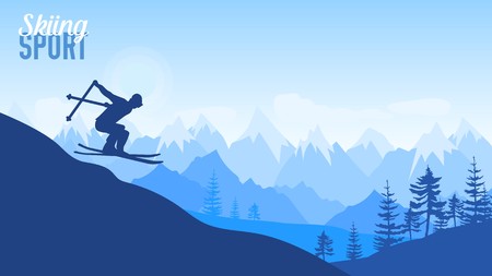 Alpine skiing competition illustration. Sport lifestyle for design concept. Skier slides from the mountain on background of mountains . Nature morning landscape background.のイラスト素材