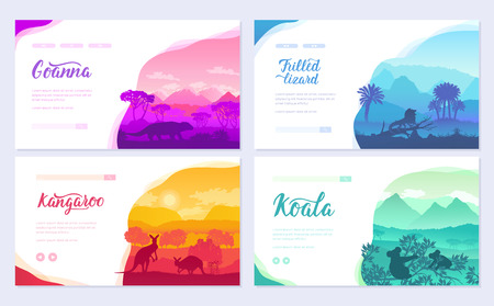 Australian animals in the natural habitat on brochure. Colorful flyers with Wildlife in nature. Template of flyear, web banner, ui header, enter site invitation concept. Layout modern slider pageのイラスト素材