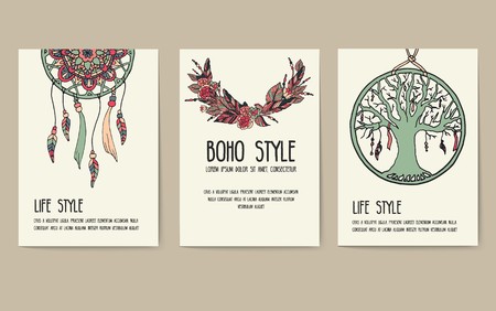 Set of boho ornament illustration style concept. Art traditional, poster, book, layout abstract, magazines, brochure. Vector decorative ethnic greeting card or invitation  design backgroundのイラスト素材