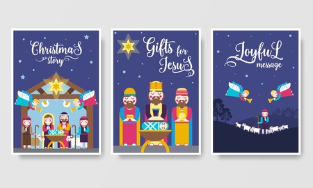 Merry Christmas  vector brochure cards set. birth of Christ template of flyear, magazines, posters, book cover, banners. Layout elements  illustrations modern pages.のイラスト素材