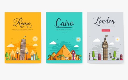 Set of different cities for travel destinations. landmarks banner template of flyer, magazines, posters, book cover, banners. Layout workplace technology flat illustrations modernのイラスト素材