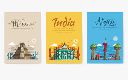 Set of different cities for travel destinations. Landmarks banner template of flyer, magazines, posters, book cover, banners. Layout architectural flat illustrations modernのイラスト素材