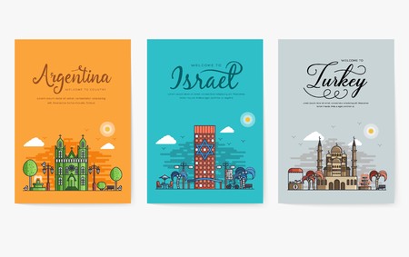 Set of different cities for travel destinations. Landmarks banner template of flyer, magazines, posters, book cover, banners. Layout architectural flat illustrations modern pagesのイラスト素材