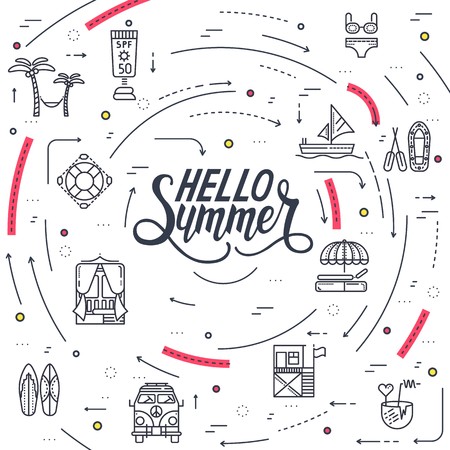 Summer vacation circle concept in thin lines style design. Beach umbrella, lifebuoy, diving, equipment, towel, ocean, supplies, landscape. Vector abstract template for greeting card or invitationのイラスト素材