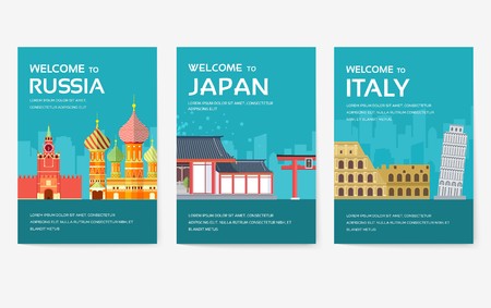 Country of Egypt, Austria, Germany, India, Russia, Thailand, Japan, Italy card set. Travel of the world of flyer, magazines, poster, book cover, banner. Layout infographic template illustration pageのイラスト素材