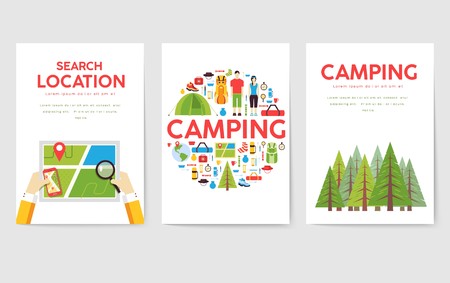 Camping trip cards set. Hiking template of flyear, magazines, posters, book cover, banners. Trave tourl infographic concept background. Layout illustrations template pages with typography textのイラスト素材