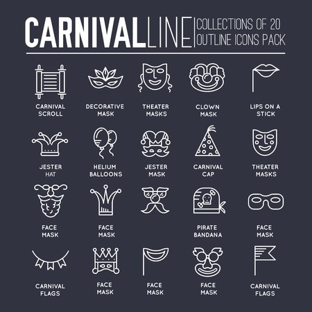 Celebration festival holiday party equipment thin lines icons set. Vector masquerade carnival collection design illustrations conceptのイラスト素材