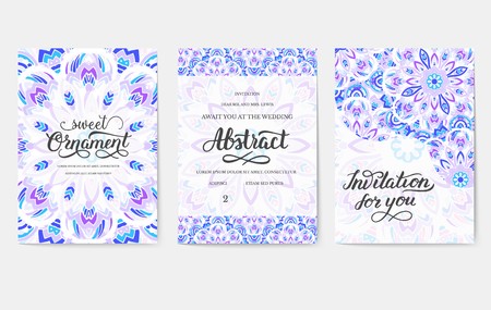Universal flyer 3x4 with unique decoration. Invitation card for birthday, party or wedding. Traditional illustration design with typography for printing. Vertical festive postcard with invitation textのイラスト素材