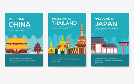 Country of USA, England, China, Frnace, Russia, Thailand, Japan, Italy cards set. Travel of the world of flyer, magazines, poster, book cover, banners. Layout  infographic template illustration pagesのイラスト素材