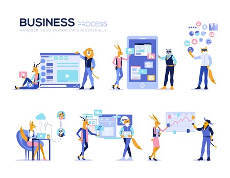 Set of office concept , data analysis, management app, consulting, business project. Vector illustration for mobile website and website development. Modern web page designのイラスト素材