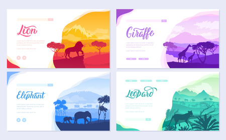 Brochures with African animals in natural habitat. Set of flyers with wildlife in the sunset of the day. Template of flyear, web banner, ui header, enter site. Layout illustration modern sliderのイラスト素材