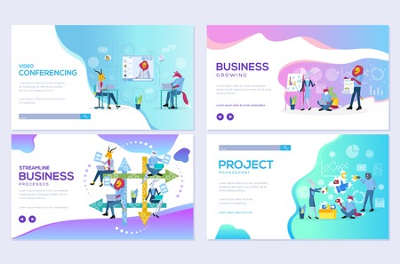 Website and mobile website development illustration concepts. Set of project workflow, business communication, and consulting management design. Modern vector web pageのイラスト素材