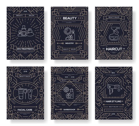 Thin line beauty salon with assortment vector brochure cards set.  Cosmetology template of flyear, magazines, poster, book cover, banners. Outline equipment invitation conceptのイラスト素材