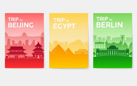 Travel information cards. Landscape template of flyear, magazines, posters, book cover, banners. Country of England, China, Germany, India, Japan USA France and Egypt set Layout cityのイラスト素材