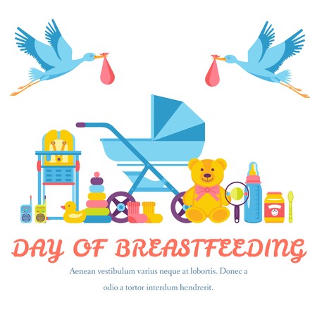World breastfeeding week and kids elements flat icon set concept. Child illustrations design.のイラスト素材