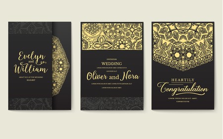 Set of flyer pages ornament illustration concept. Vintage art traditional, Islam, arabic, indian, ottoman motifs, elements. Vector decorative retro greeting card or invitation design.のイラスト素材
