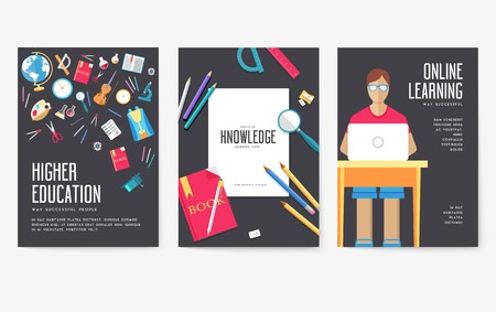 Back to school information cards set. Student template of flyear, magazines, posters, book cover, banners. College education infographic concept background. Layout illustrations modern pagesのイラスト素材