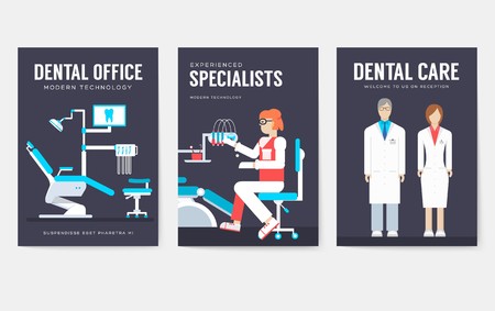 Dental office interior information cards set. Hygiene template of flyear, magazines, posters, book cover, banners. Clinic infographic concept background. Layout dentistry illustrations modern pagesのイラスト素材