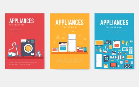 Home appliances cards set. Electronics template of flyear, magazines, posters, book cover, banners. Devices infographic concept background. Layout illustrations template pages with typography textのイラスト素材