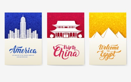 set of art ornamental travel and architecture on ethnic floral flyers. Vector decorative banner of card or invitation design. Historical monuments of USA, China, Egypt, France, Mexico, Italy countryのイラスト素材