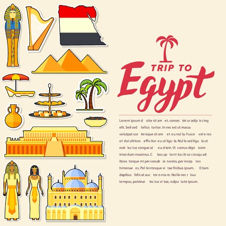 Country Egypt travel vacation guide of goods, places and features. Set of architecture, people, culture, icons background concept. Infographics template design for web and mobileのイラスト素材