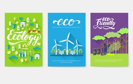 Ecology information cards set. Ecological template of flyear, magazines, posters, book cover, banners. Eco infographic concept  background. Layout illustrations modern pages with typography textのイラスト素材