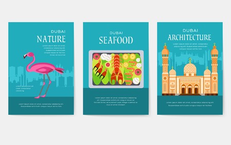 Dubai vector brochure cards set. Country template of flyear, magazines, posters, book cover, banners. Travel invitation concept  background. Layout architecture illustrations modern pageのイラスト素材