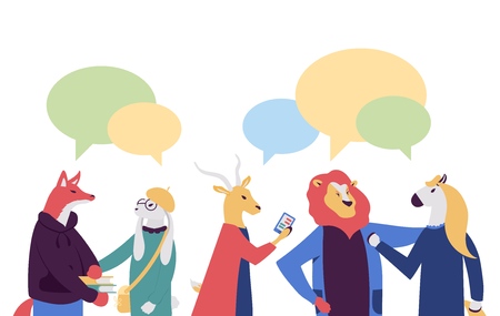 businessmen discuss social network vector illustration. News, social networks, chat, dialogue speech bubbles on flat style design.のイラスト素材