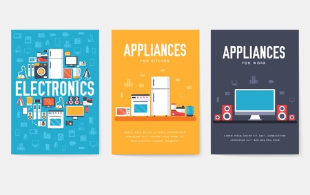 Home appliances cards set. Electronics template of flyear, magazines, posters, book cover, banners. Devices infographic concept background. Layout illustrations template pages with typography textのイラスト素材