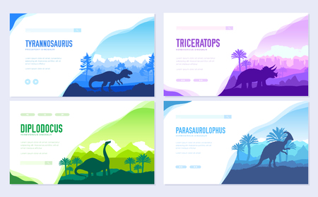 Brochures with set of primitive dinosaurs. Carnivorous predator animals before BC. Template of flyear, web banner, ui header, enter site. Invitation concept background. Layout modern slider pageのイラスト素材