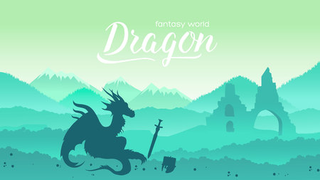 Ancient dragon sits majestically on field of battle among its treasures concept. Creatures in fantasy worlds vector illustration design. Nature landscapeのイラスト素材
