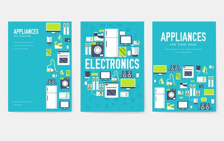 Home appliances cards set. Electronics template of flyear, magazines, posters, book cover, banners. Devices infographic concept background. Layout illustrations template pages with typography textのイラスト素材