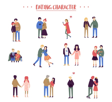 Flat cartoon happy romantic couples walking together on white background. Standing single lonely girl or pairs of men and women on date. Modern colorful vector illustrationのイラスト素材