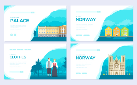 Norway country ornament travel tour concept. Traditional monumentbrochure card set. Template of flyear, web banner, ui header, enter site. Layout invintation modern sliderのイラスト素材