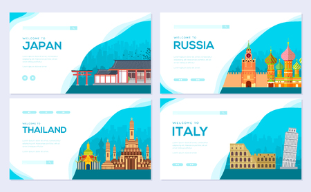 Travel information brochure card set. Landscape country Japan, Russia, Thailand, Italy of template of flyear, web banner, ui header, enter site. Layout invintation modernのイラスト素材