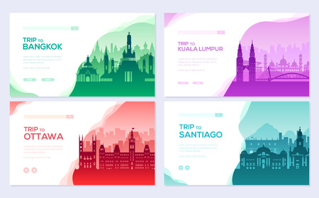 Travel information brochure card set. Landscape Ã±ountry Thailand, Malaysia, Canada, Chile of template of flyear, web banner, ui header, enter site. Layout invintation modern sliderのイラスト素材