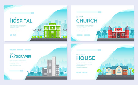 Building city brochure card set. Architecture template of flyear, web banner, ui header, enter site. Layout invintation modern sliderのイラスト素材