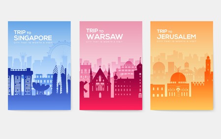 Travel information cards. Landscape template of flyear, magazines, posters, book cover, banners. Country of Chile, Canada, Thailand, Spain, Malaysia, Africa, Asia, Poland, UAE and Jerusalem setのイラスト素材