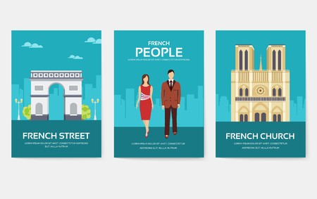 Set of France country ornament travel tour concept. Monument traditional, magazine, book, poster, abstract, element. Vector decorative ethnic greeting card or invitation design backgroundのイラスト素材