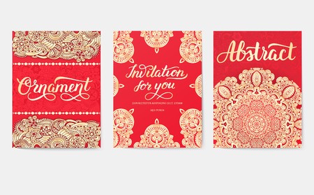 Universal flyer 3x4 with unique decoration. Invitation card for birthday, party or wedding. Traditional illustration design with typography for printing. Vertical festive postcard with invitation textのイラスト素材