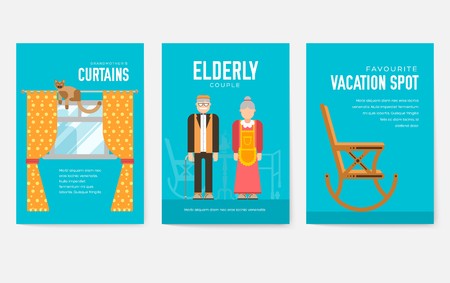 Grannys day brochure cards set. old character people template of flyear, magazine, poster, book cover, banners. grandmother and grandfather house invitation concept background. Layout modern pageのイラスト素材
